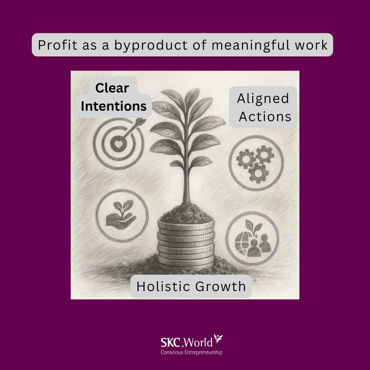 A charcoalstyle illustration of a tree growing from stacked coins, surrounded by three circular icons: a target with a heart labeled “Clear Intentions,” interlocking gears labeled “Aligned Actions,” and a globe with leaves labeled “Holistic Growth.” At the top is the phrase “Profit as a byproduct of meaningful work