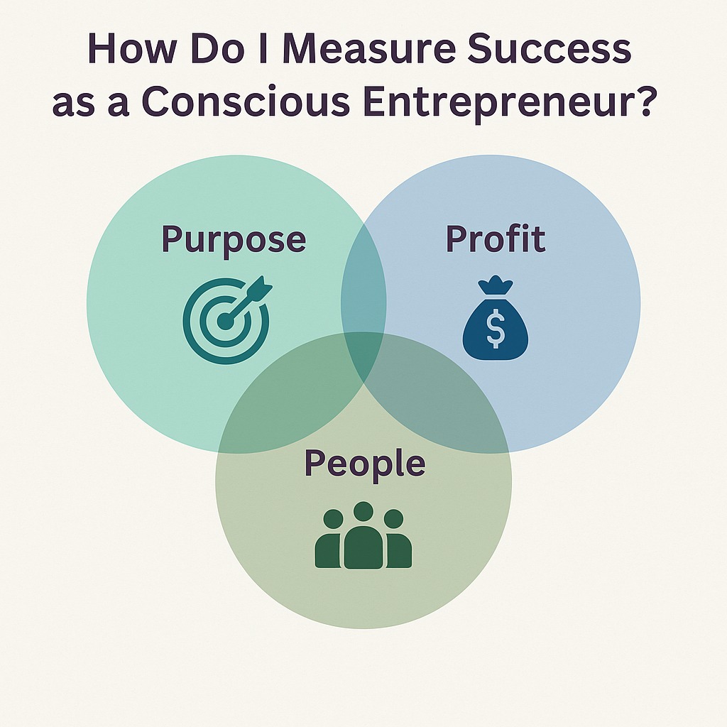 A minimalist flat-design infographic titled “How Do I Measure Success as a Conscious Entrepreneur?” It features three overlapping circles labelled Purpose (with a target icon), People (with a group icon), and Profit (with a money bag icon). The circles intersect in the center, symbolizing balance between all three elements.